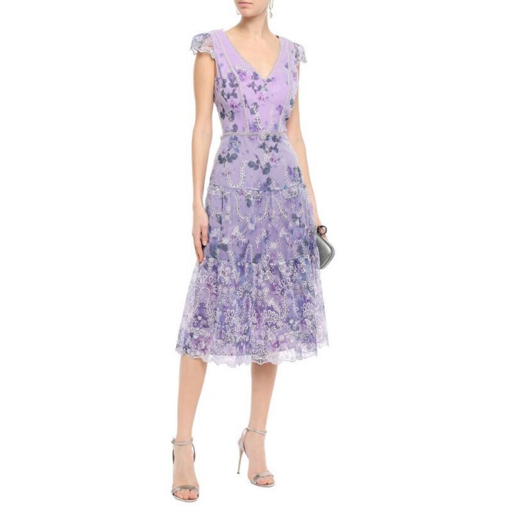 🛍 Marchesa Notte Purple Floral Embroidered Midi Dress